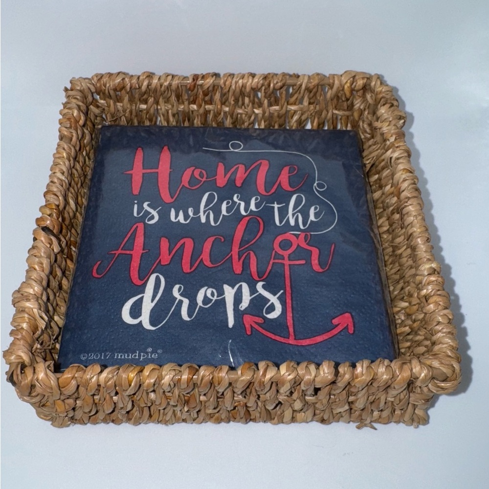 24 Mudpie Home is Where The Anchor Drop Navy Blue, Red Napkins W/ Wicker Holder